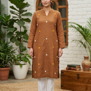 Coffee Brown Embroidered Straight Kurti