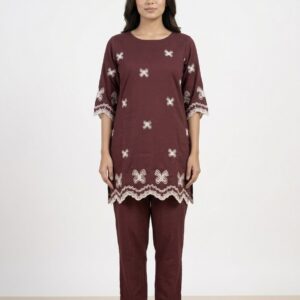 Wine Embroidered Kurta & Trouser Co-Ord Set