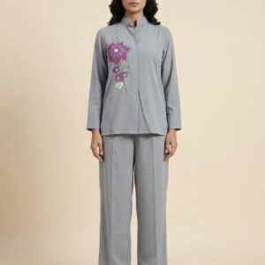 Grey Floral Embroidered Kurta & Wide-Leg Trouser Co-Ord Set