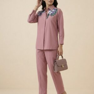 Dusty Rose Floral Embroidered Shirt & Trouser Co-Ord Set