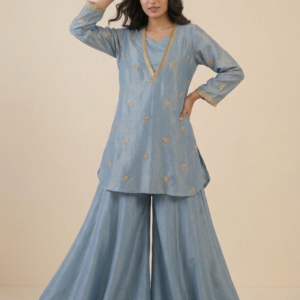 Powder Blue Embellished Kurta with Flared Sharara Set