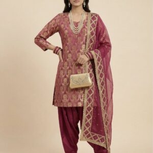 Magenta Brocade Kurta Set with Patiala Salwar & Embroidered Dupatta