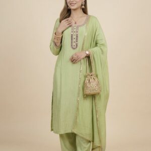 Pista Green Embellished Kurta Pant & Dupatta Set