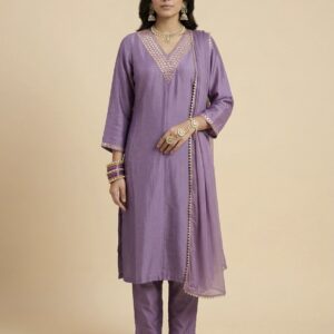 Lavender Embellished Kurta Pant & Dupatta Set