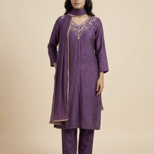 Royal Purple Embroidered Kurta Pant & Dupatta Set