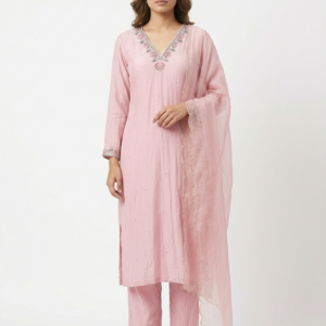 Blush Pink Embroidered Kurta Set with Organza Dupatta
