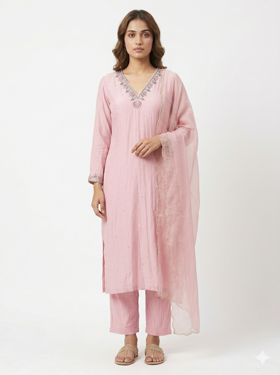 Blush Pink Embroidered Kurta Set with Organza Dupatta