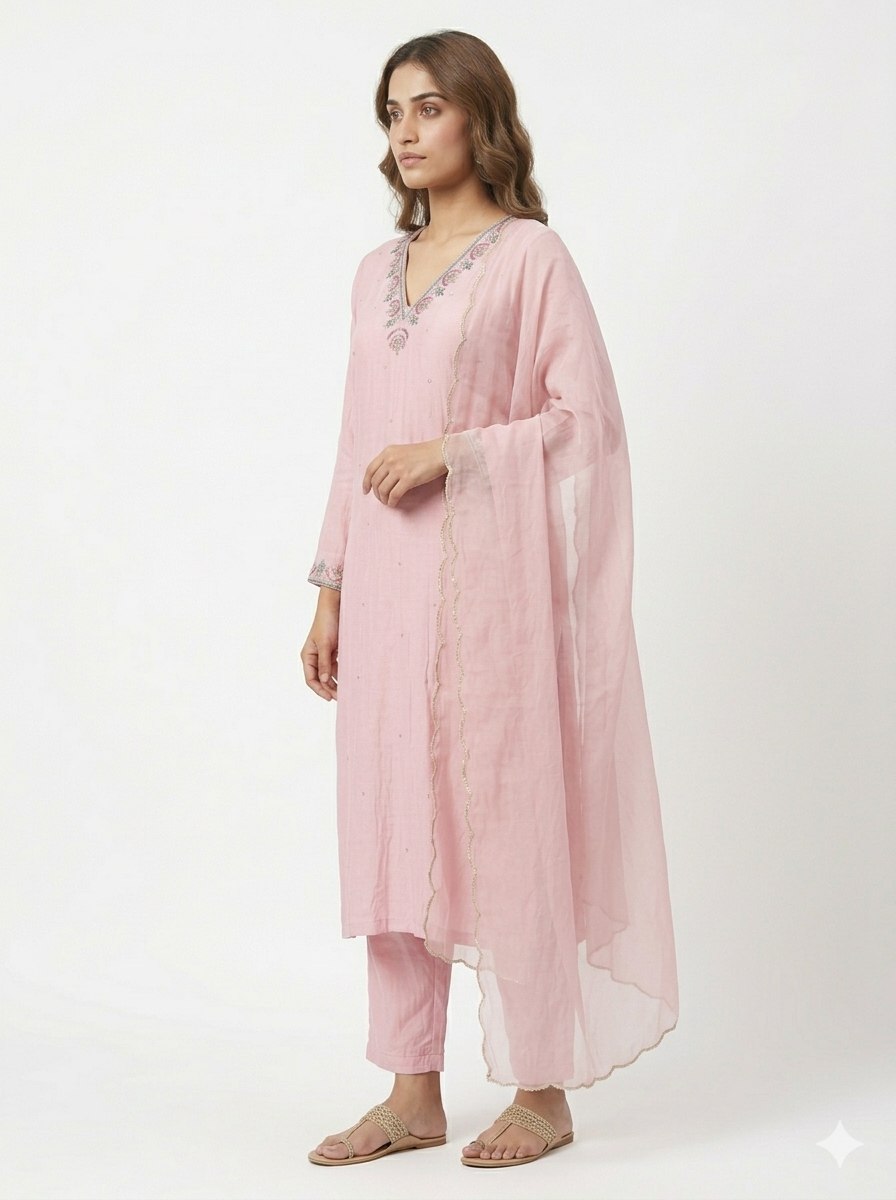 Blush Pink Embroidered Kurta Set with Organza Dupatta - Image 3