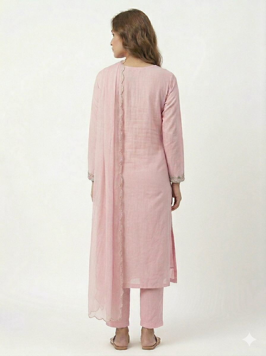 Blush Pink Embroidered Kurta Set with Organza Dupatta - Image 2
