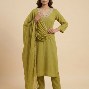 Olive Green Embroidered Kurta Set with Dupatta