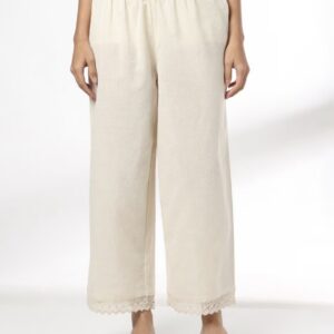 Women Cream Lace Hem Straight Palazzo