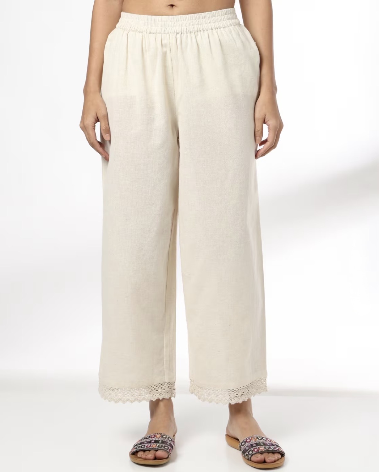 Women Cream Lace Hem Straight Palazzo