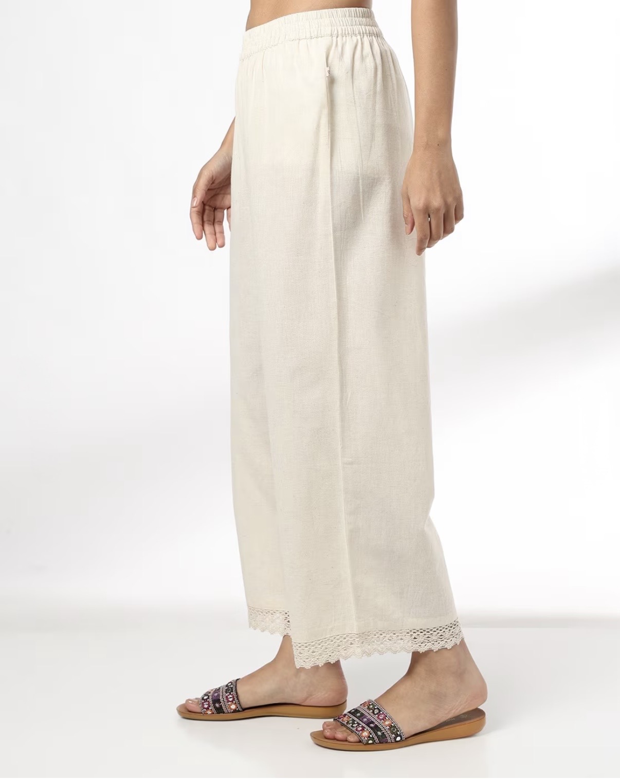 Women Cream Lace Hem Straight Palazzo - Image 2