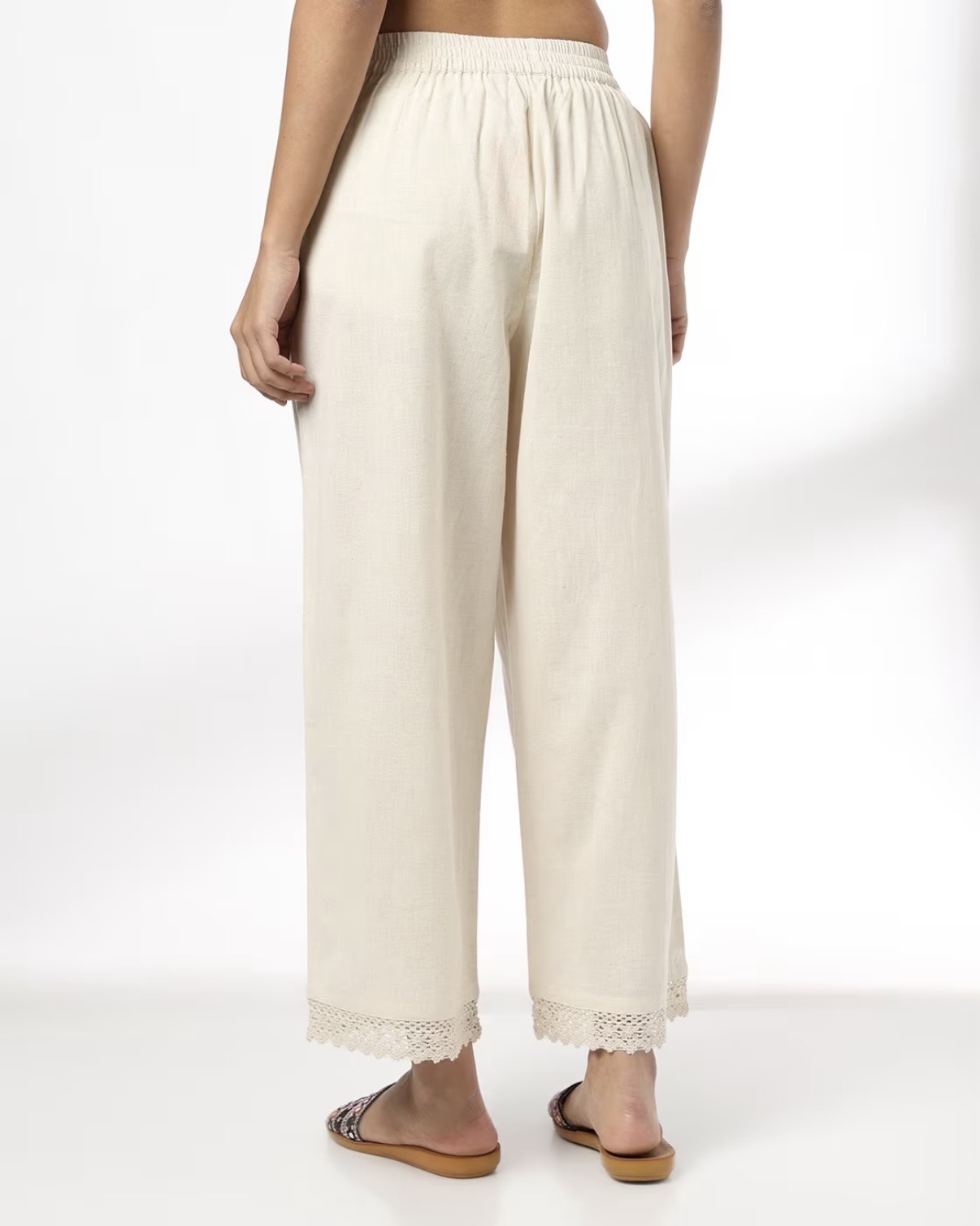 Women Cream Lace Hem Straight Palazzo - Image 3