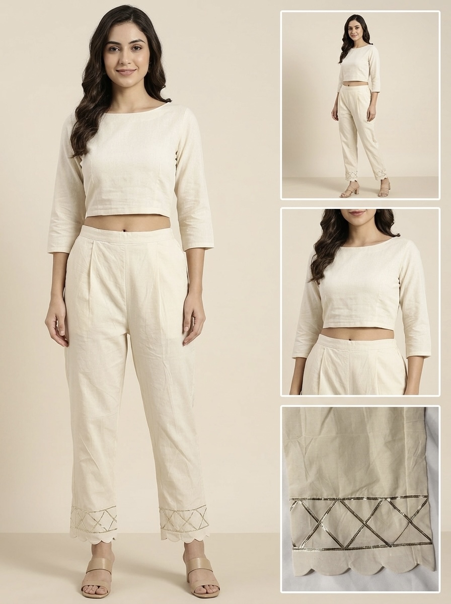 Women’s Ivory Straight Fit Pants with Lace Hem Detail - Image 5