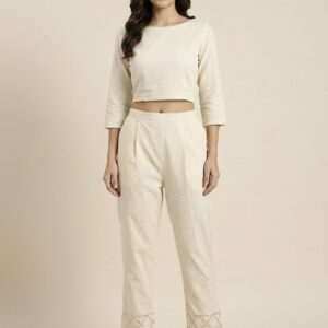 Women’s Ivory Straight Fit Pants with Lace Hem Detail