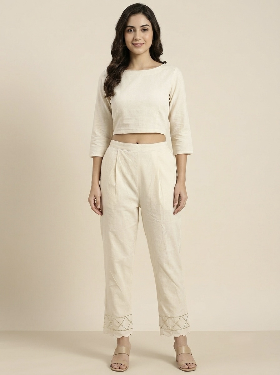 Women’s Ivory Straight Fit Pants with Lace Hem Detail
