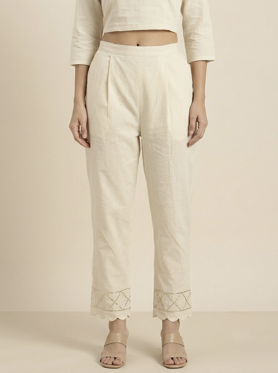 Women’s Ivory Straight Fit Pants with Lace Hem Detail - Image 3
