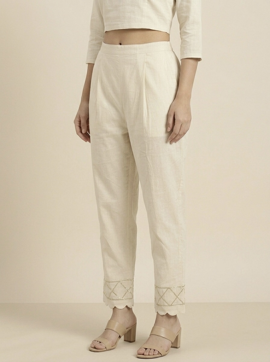 Women’s Ivory Straight Fit Pants with Lace Hem Detail - Image 2