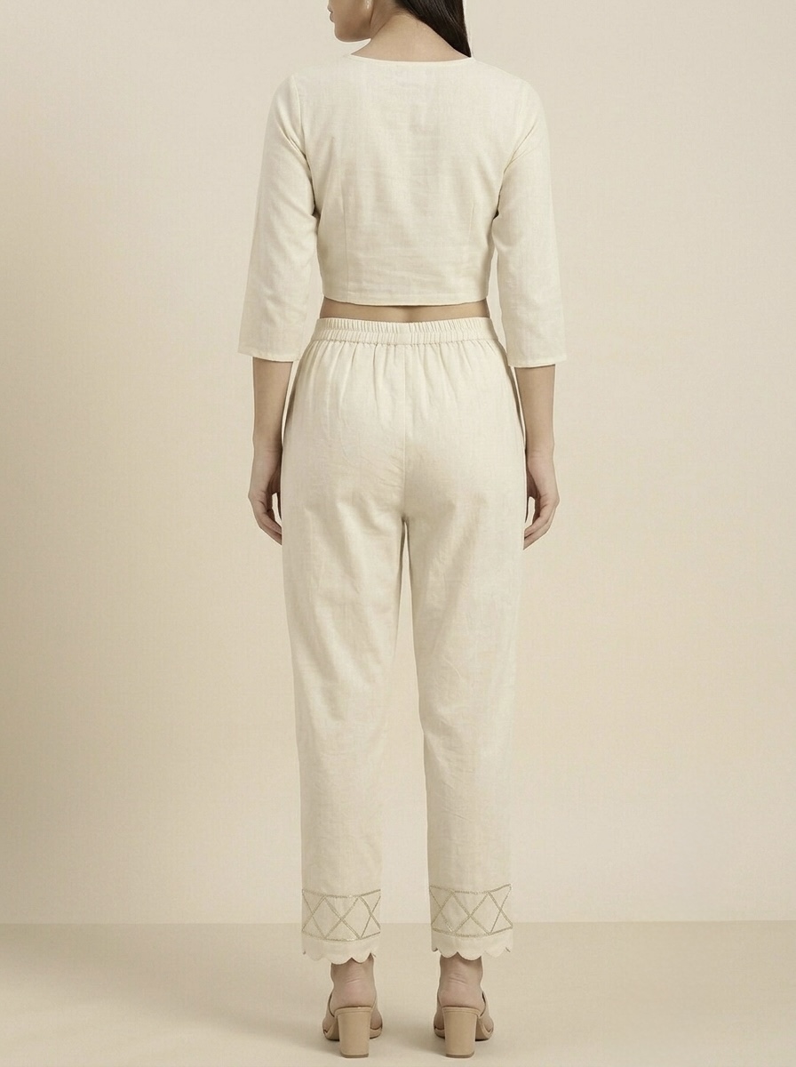 Women’s Ivory Straight Fit Pants with Lace Hem Detail - Image 4