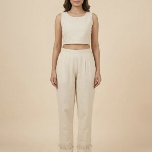 Women’s Ivory Straight Fit Pants with Tassel Hem Detail