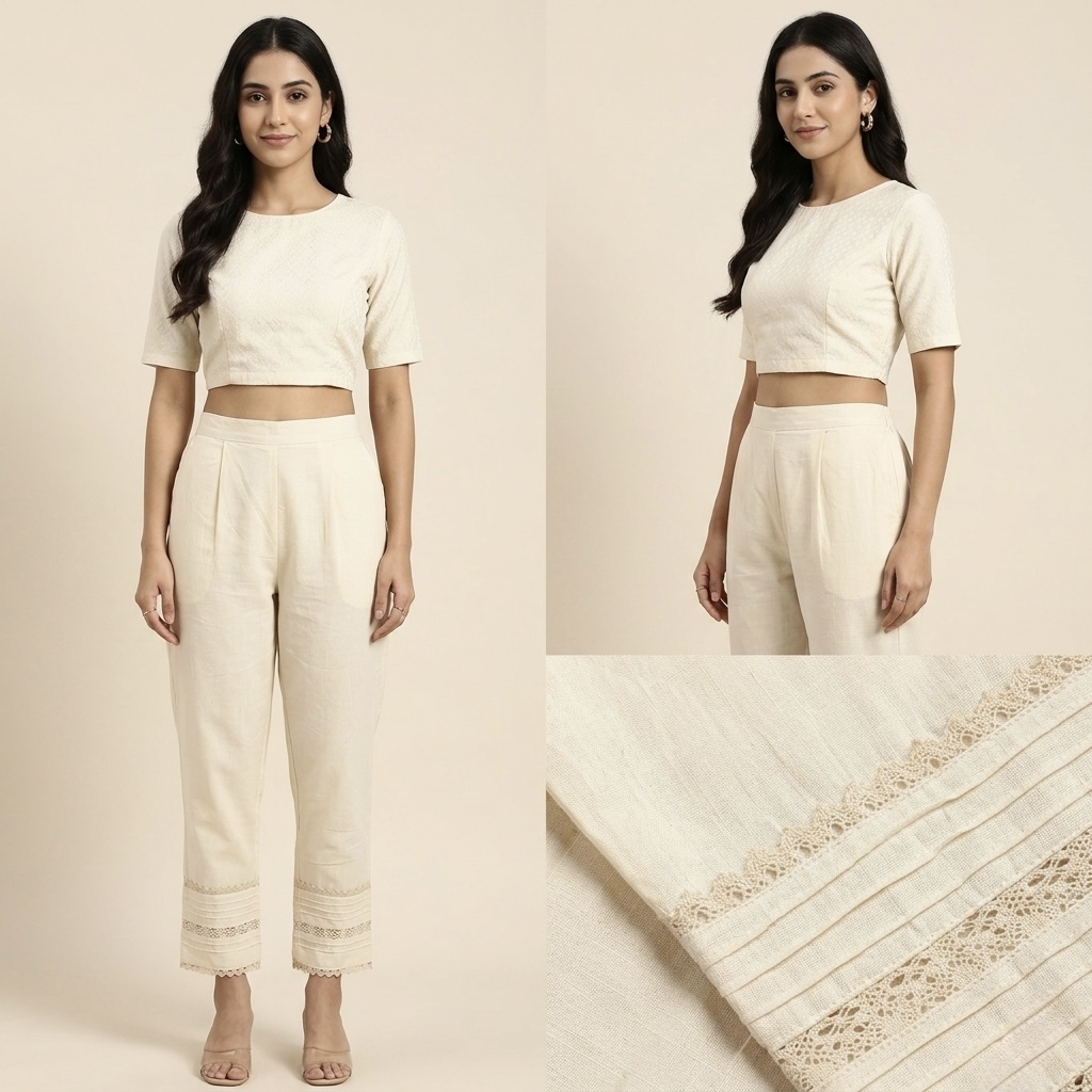 Women’s Ivory Straight Fit Pants with Lace Hem Detail - Image 5