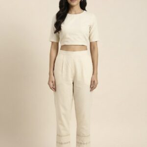 Women’s Ivory Straight Fit Pants with Lace Hem Detail