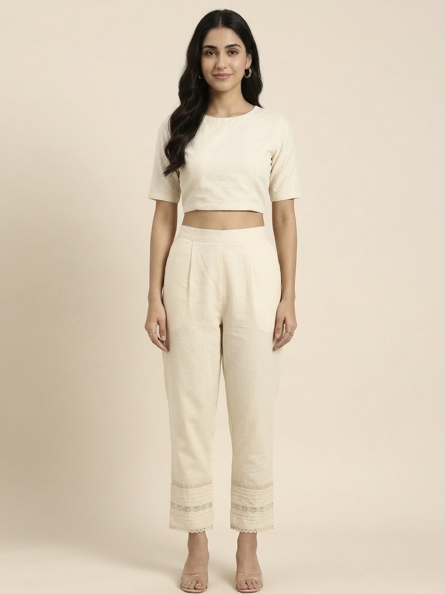 Women’s Ivory Straight Fit Pants with Lace Hem Detail