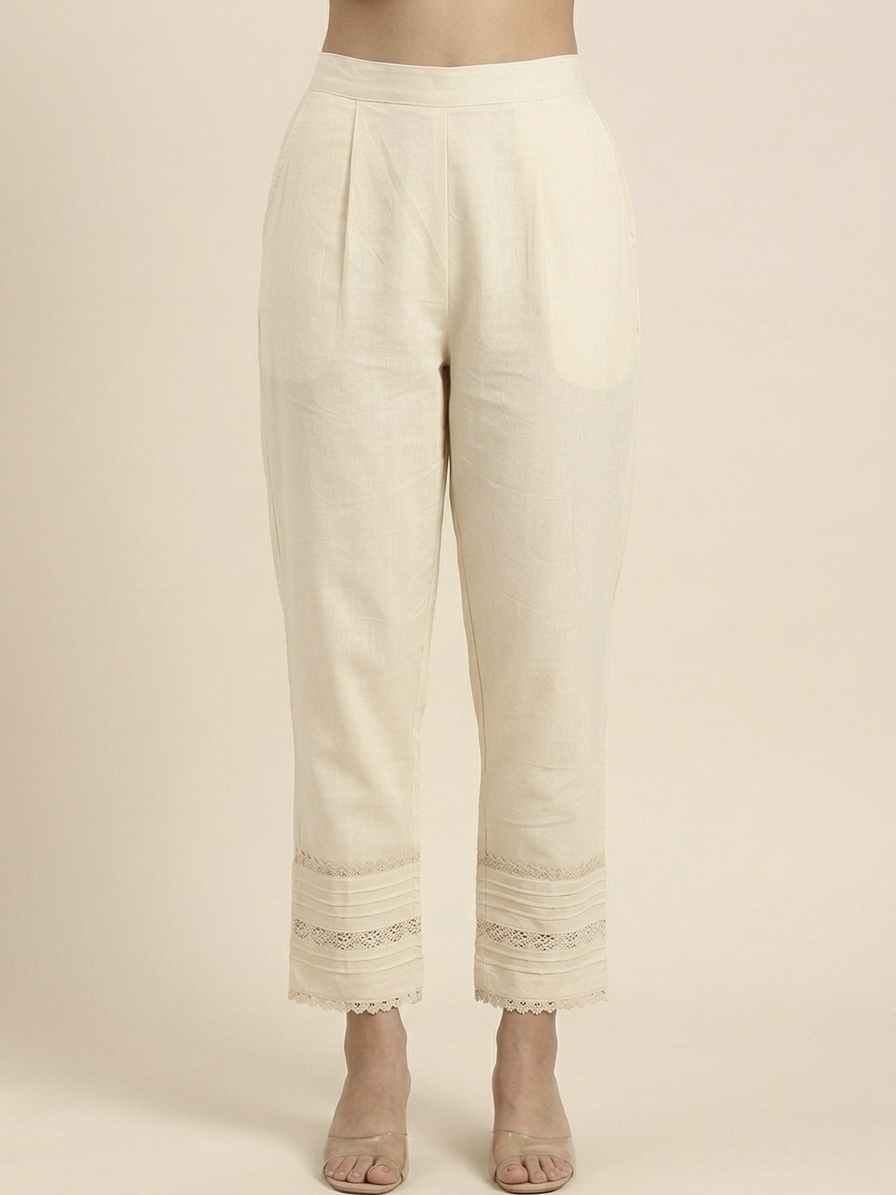 Women’s Ivory Straight Fit Pants with Lace Hem Detail - Image 4