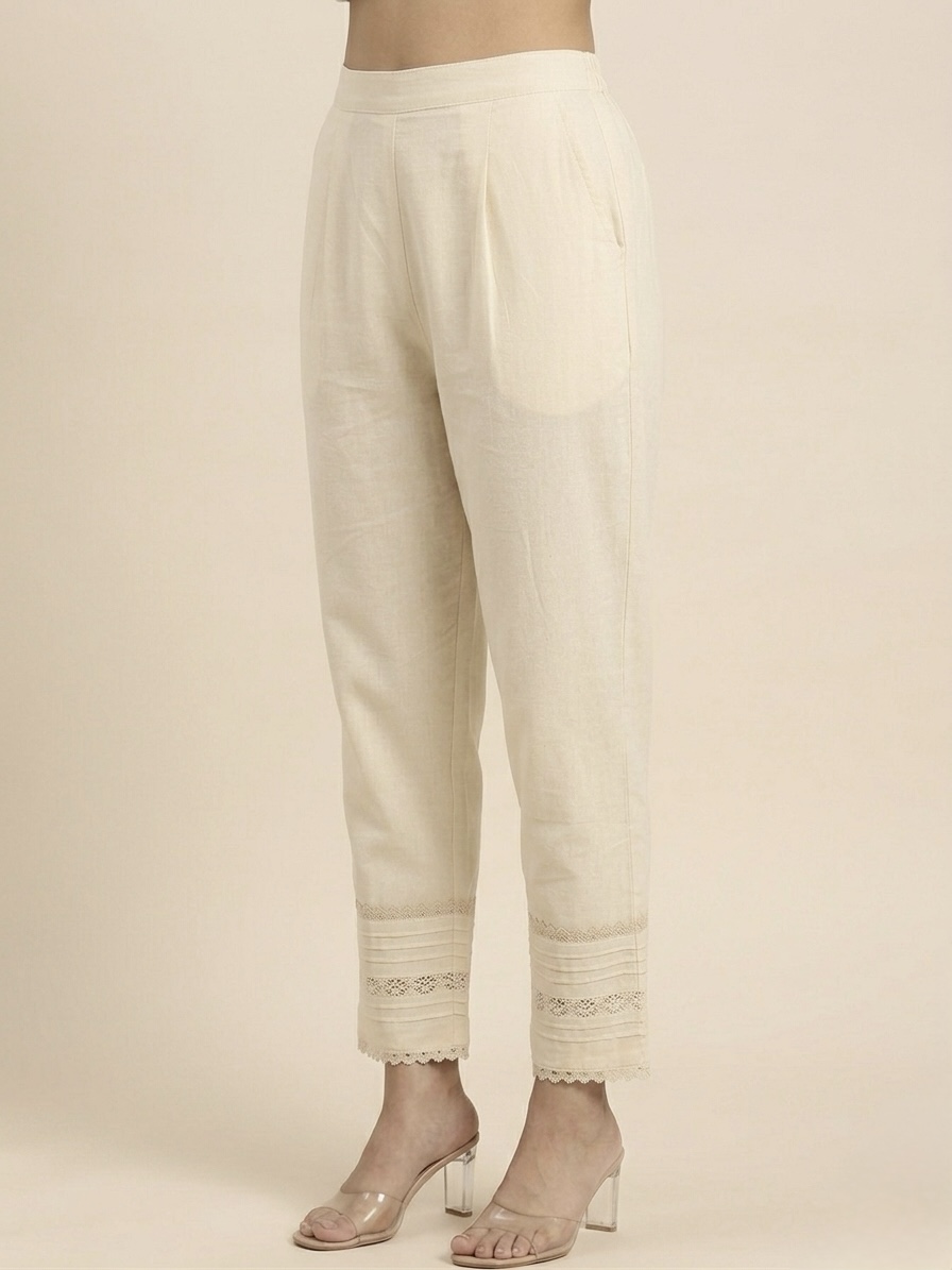 Women’s Ivory Straight Fit Pants with Lace Hem Detail - Image 3