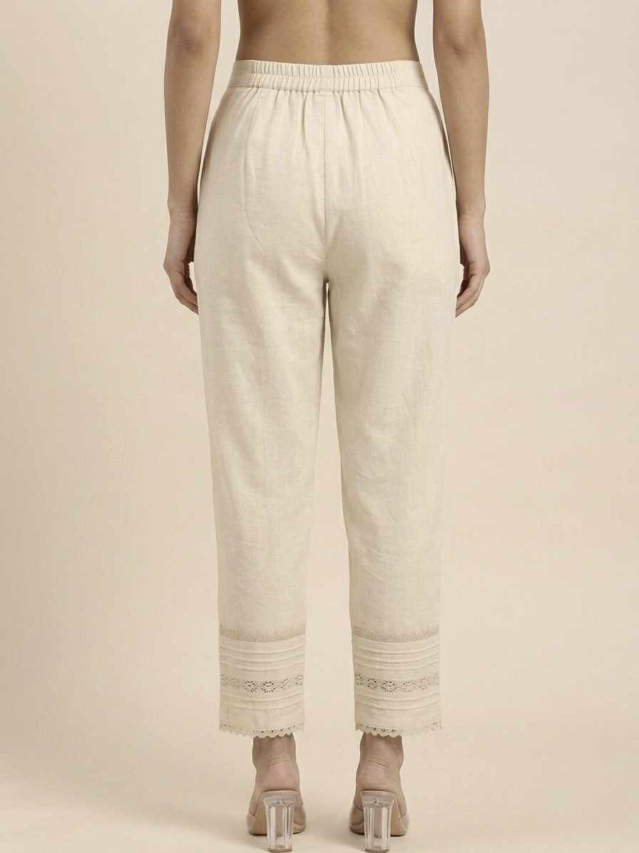 Women’s Ivory Straight Fit Pants with Lace Hem Detail - Image 2