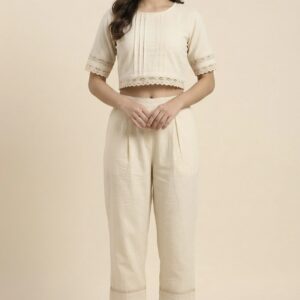 Women’s Ivory Straight Fit Pants with Lace Hem Detail
