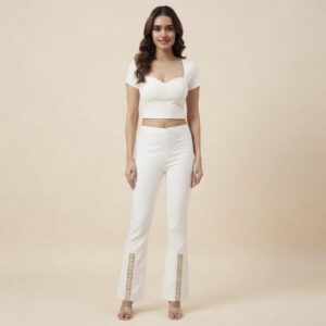 Women’s White Straight Fit Pants with Lace Detail