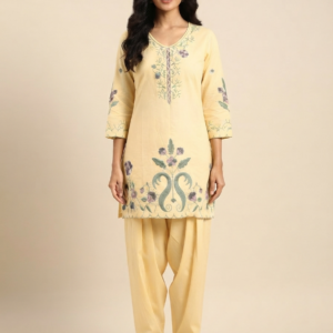 Women’s Butter Yellow Floral Embroidered Kurta with Farsi Set
