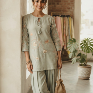 Women’s Pastel Blue Embroidered Kurta with Farsi Set