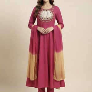 Women’s Magenta Embroidered Anarkali Kurta Set with Ombre Dupatta