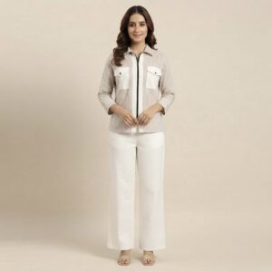 Beige Striped Zip-Up Shirt with White Wide-Leg Trouser Co-Ord Set