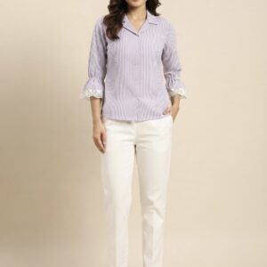 Lavender Striped Lace Sleeve Shirt with White Trouser Co-Ord Set