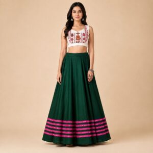Bottle Green Flared Lehenga Skirt with Pink Mirror-Work Border